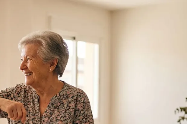 Mujer mayor sonriente en el salón de su casa durante una sesión