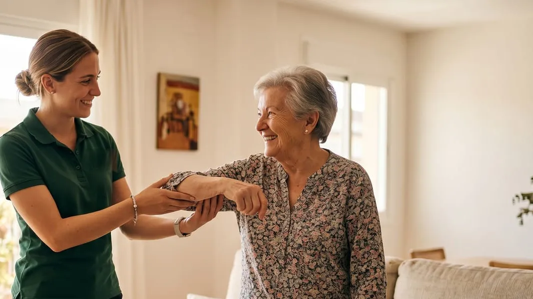 Mujer mayor sonriente, de pie en el salón de su casa